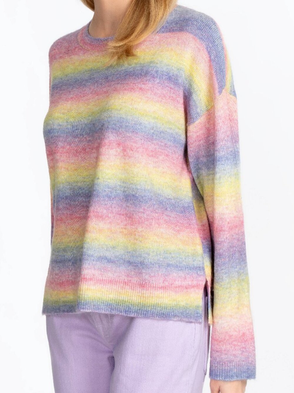 Johnny Was Sunrise Pullover Pastel Rainbow Stripe Wool Blend Crewneck Sweater